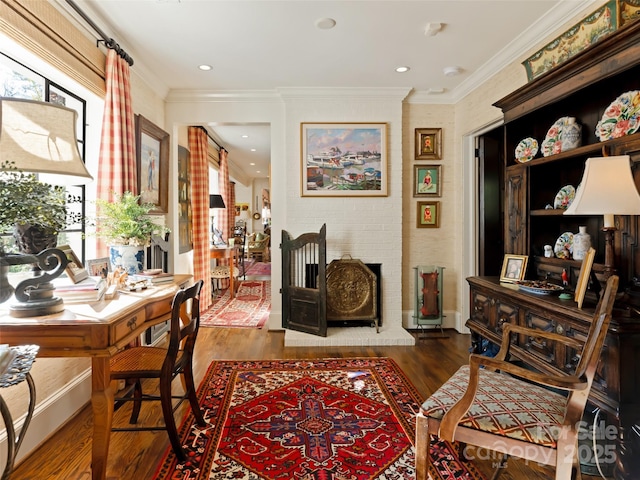 interior space with a fireplace, dark hardwood / wood-style floors, and crown molding