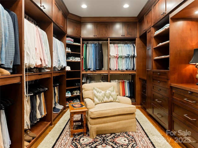 walk in closet with hardwood / wood-style flooring