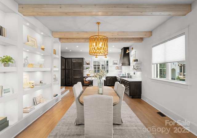 dining area featuring a notable chandelier, built in shelves, light hardwood / wood-style floors, and beamed ceiling