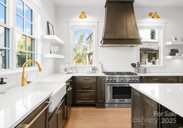 kitchen with tasteful backsplash, dark brown cabinets, stainless steel appliances, and custom exhaust hood