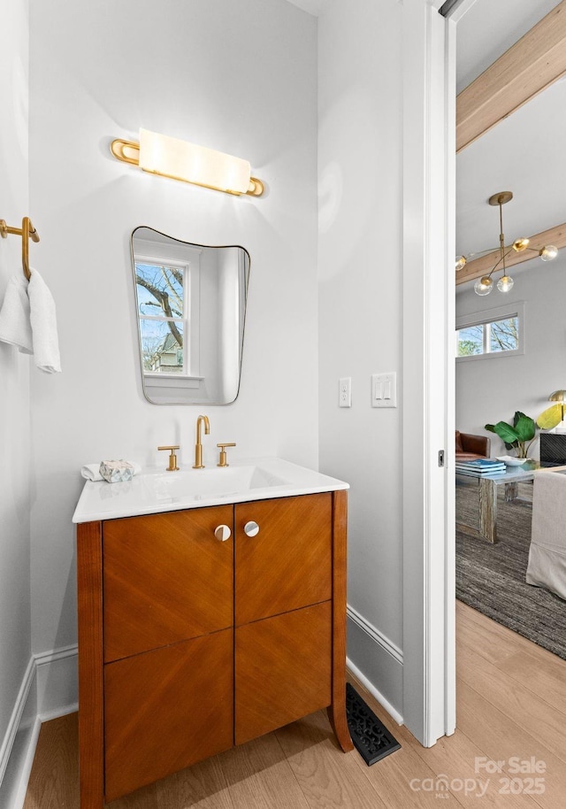 bathroom featuring hardwood / wood-style floors, vanity, and a wealth of natural light