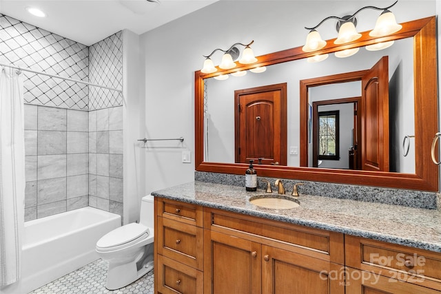 full bathroom with tile patterned flooring, vanity, toilet, and shower / tub combo with curtain