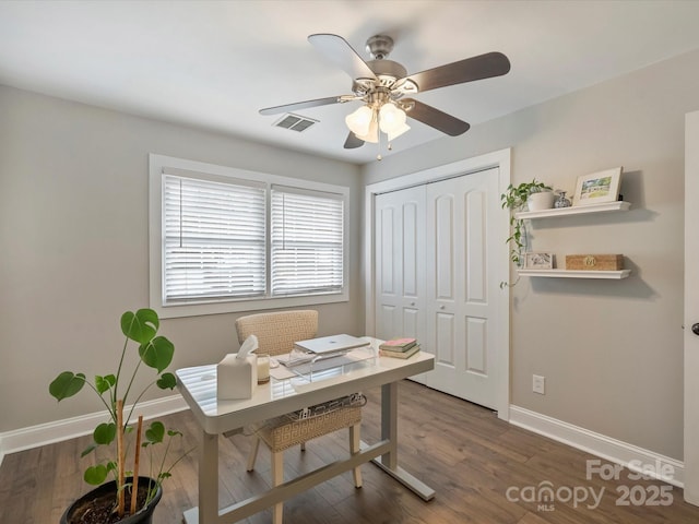 office space featuring ceiling fan and dark hardwood / wood-style floors