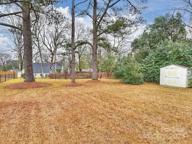 view of yard featuring a storage unit