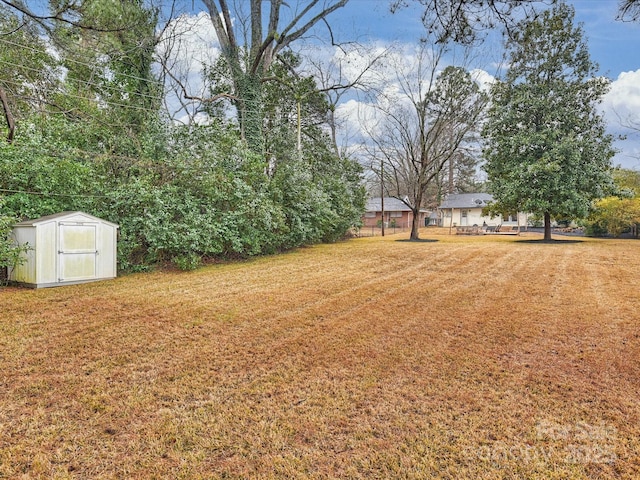 view of yard featuring a storage unit