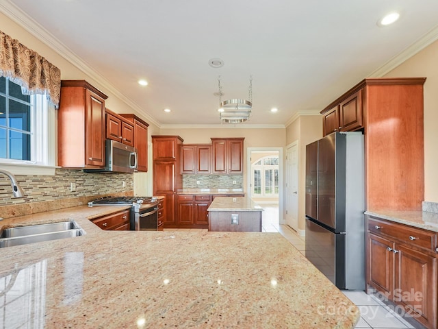 kitchen featuring light stone countertops, sink, stainless steel appliances, backsplash, and light tile patterned floors