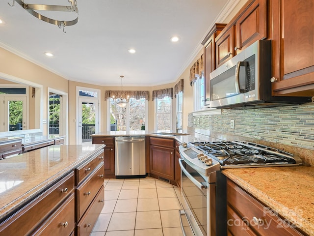 kitchen featuring light stone countertops, stainless steel appliances, crown molding, and light tile patterned flooring