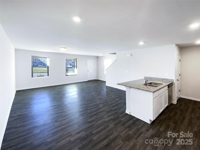 kitchen with dark hardwood / wood-style flooring, light stone counters, stainless steel dishwasher, sink, and white cabinetry