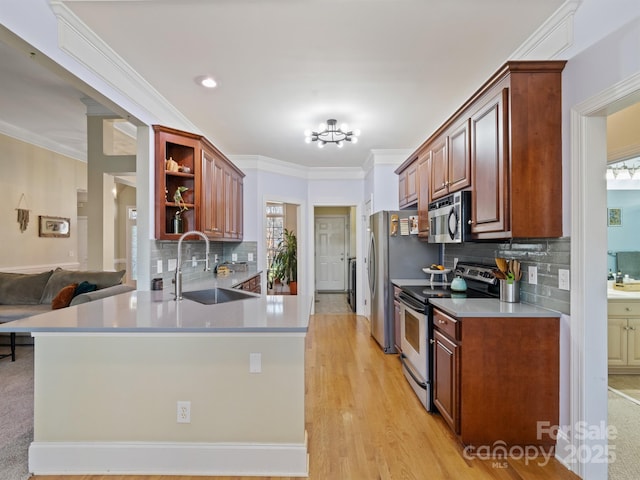 kitchen with light wood finished floors, appliances with stainless steel finishes, crown molding, open shelves, and a sink