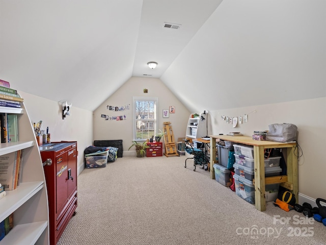 rec room featuring lofted ceiling, carpet flooring, and visible vents