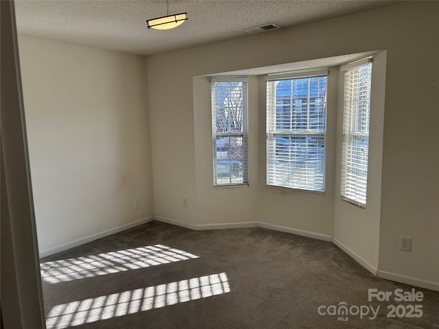 carpeted empty room featuring a textured ceiling