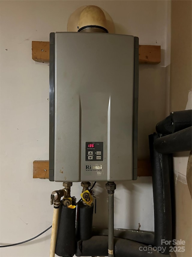 utility room featuring tankless water heater