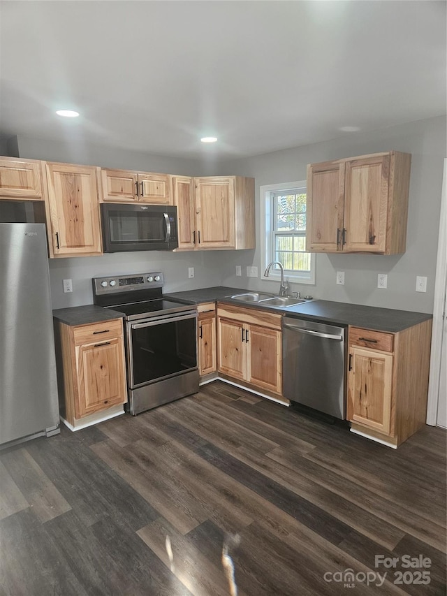 kitchen featuring light brown cabinetry, stainless steel appliances, dark wood-type flooring, and sink