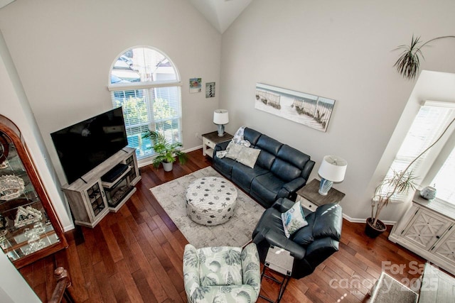 living room with dark hardwood / wood-style flooring and high vaulted ceiling