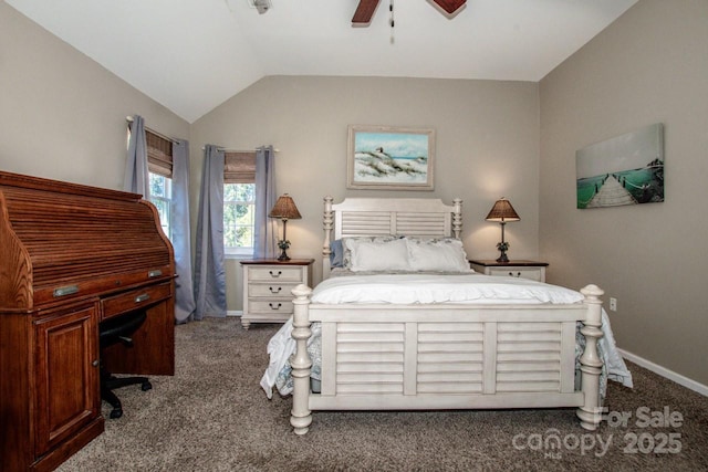 bedroom featuring ceiling fan, vaulted ceiling, and dark colored carpet