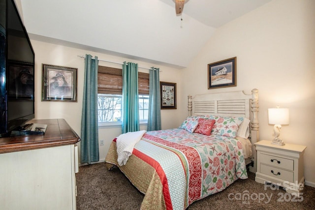 bedroom featuring vaulted ceiling and dark colored carpet