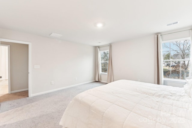 bedroom with multiple windows and light carpet