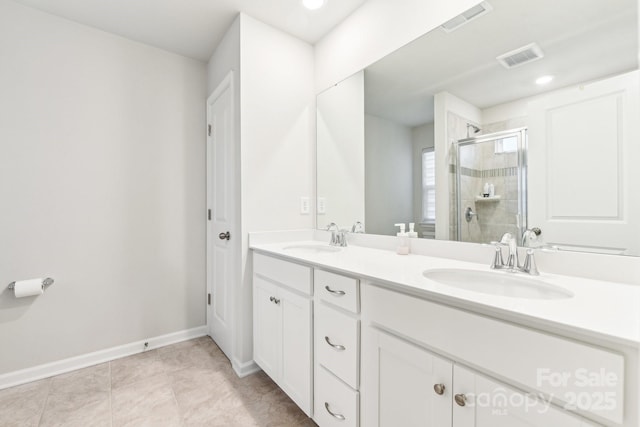 bathroom with tile patterned floors, vanity, and walk in shower