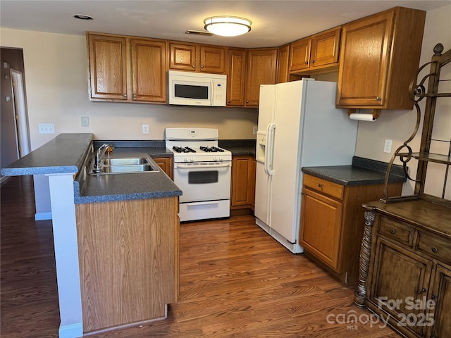 kitchen featuring kitchen peninsula, dark hardwood / wood-style flooring, sink, and white appliances