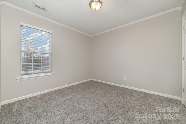 empty room with a textured ceiling, carpet floors, and crown molding