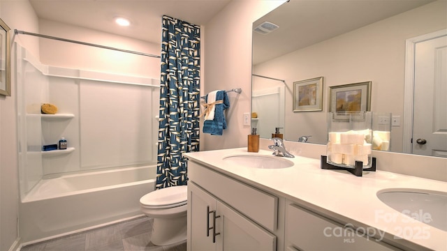 bathroom with a sink, double vanity, toilet, visible vents, and shower / bath combination with curtain