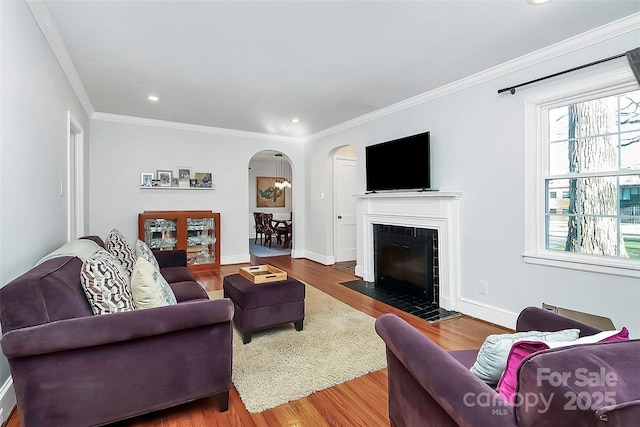 living room with hardwood / wood-style floors and ornamental molding