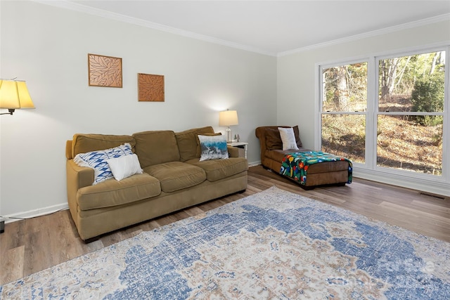 living room featuring wood-type flooring and crown molding