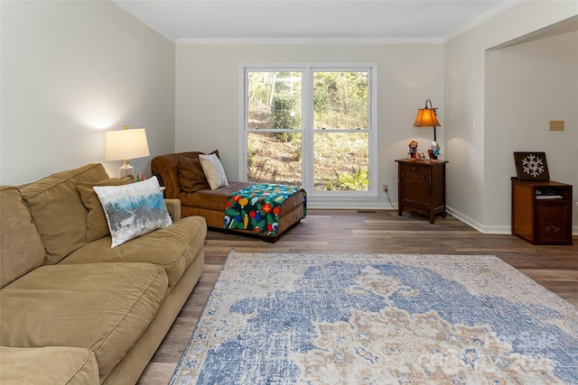 living room featuring crown molding and hardwood / wood-style floors