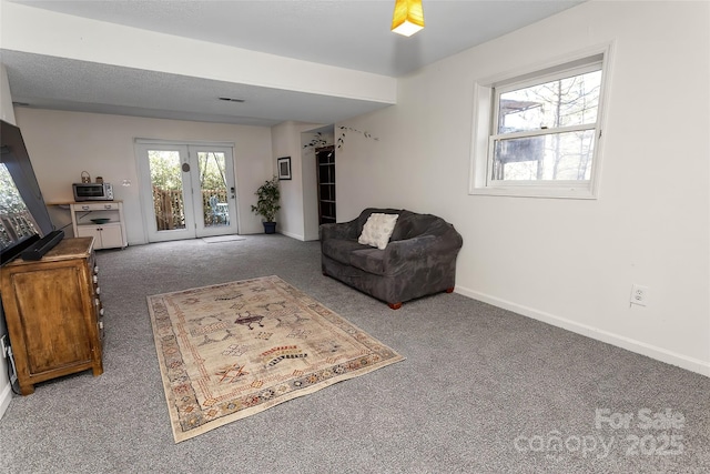 living area featuring carpet floors