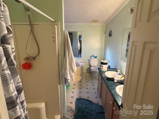 full bathroom with vanity, shower / bath combination with curtain, toilet, ornamental molding, and a textured ceiling