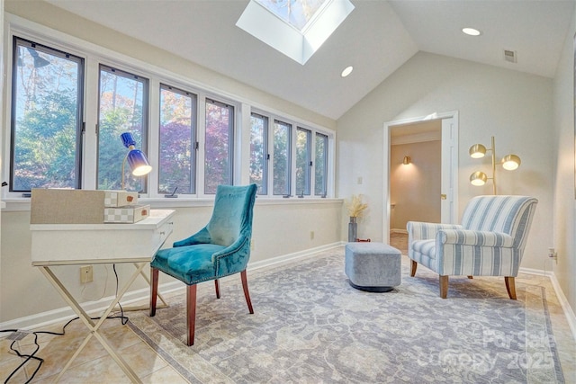 sitting room featuring light tile patterned flooring and lofted ceiling with skylight