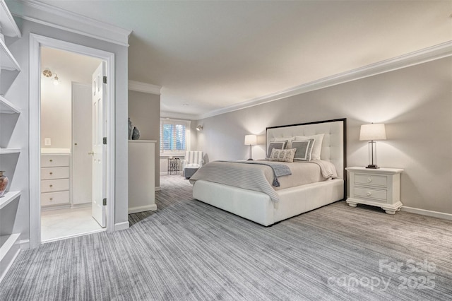 bedroom with light carpet, crown molding, and baseboards