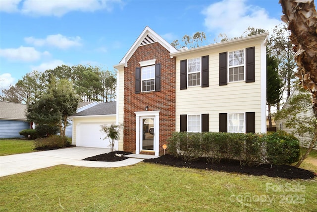 colonial inspired home featuring a garage and a front yard