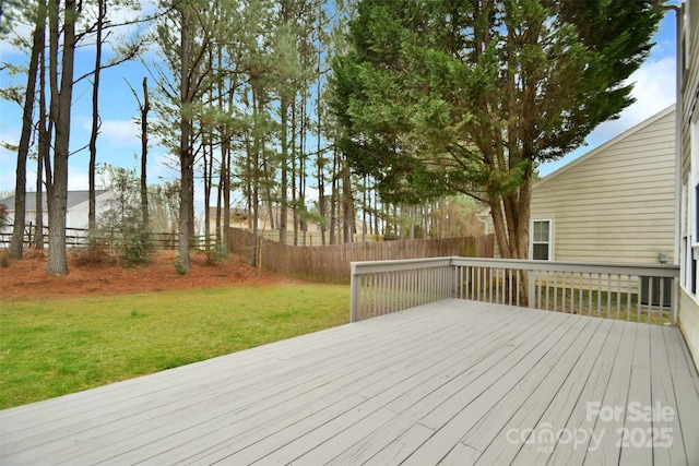 wooden deck featuring a fenced backyard and a lawn