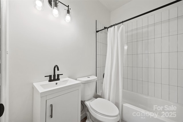 full bathroom featuring shower / bathtub combination with curtain, vanity, and toilet