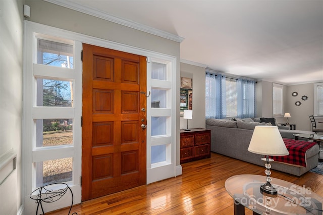 entrance foyer featuring crown molding and light wood-type flooring