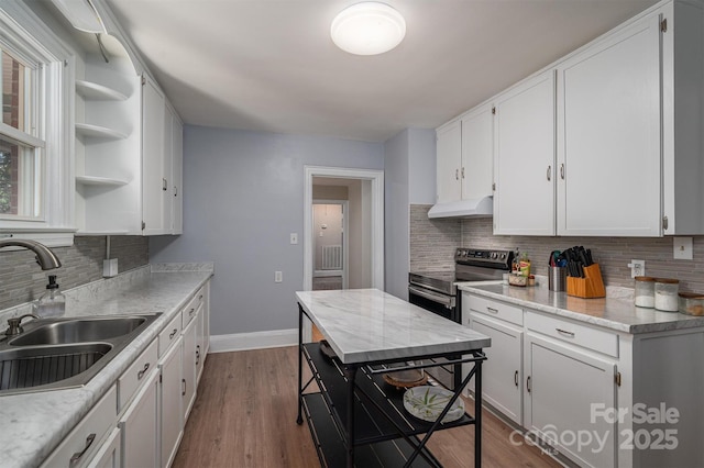 kitchen featuring stainless steel electric range, white cabinets, sink, decorative backsplash, and dark hardwood / wood-style flooring