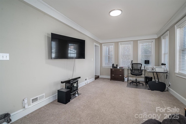 office with plenty of natural light, carpet floors, and ornamental molding