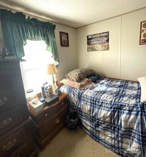 carpeted bedroom with a textured ceiling