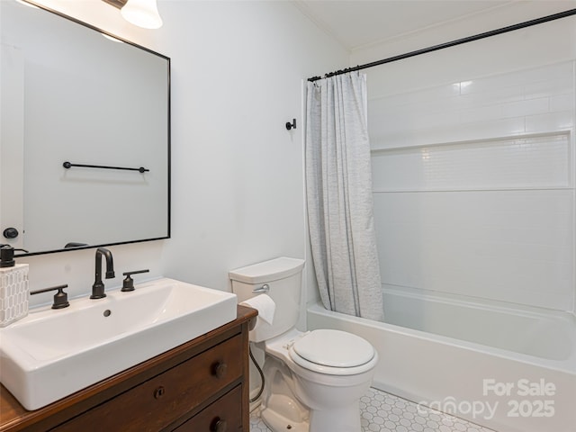 full bathroom with vanity, toilet, and shower / tub combo