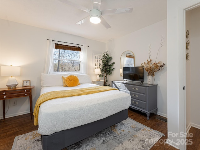 bedroom featuring ceiling fan and dark wood-type flooring