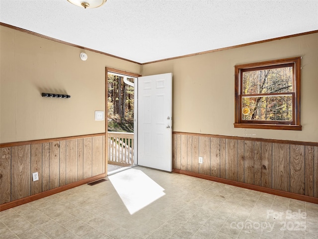 unfurnished room featuring crown molding, plenty of natural light, and a textured ceiling