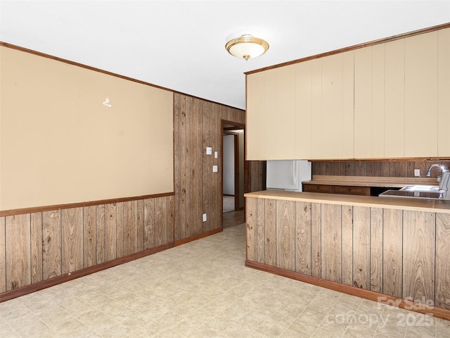 kitchen with ornamental molding, wooden walls, and sink