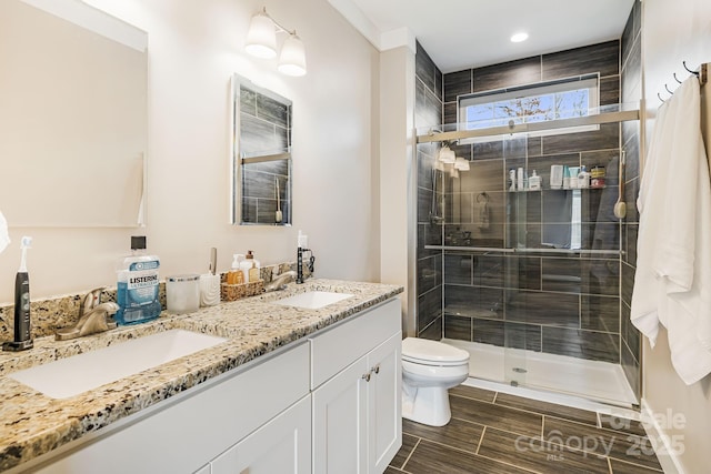 bathroom with vanity, toilet, and an enclosed shower