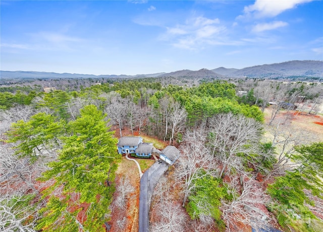 birds eye view of property featuring a mountain view and a wooded view