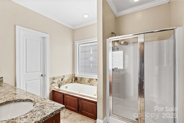 bathroom with plus walk in shower, vanity, and ornamental molding