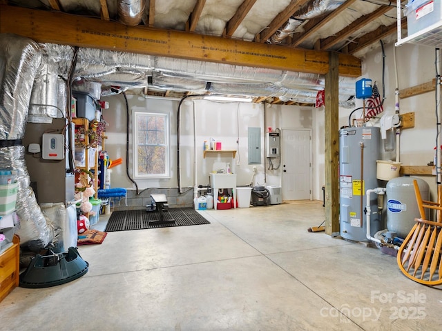 basement with electric panel and water heater