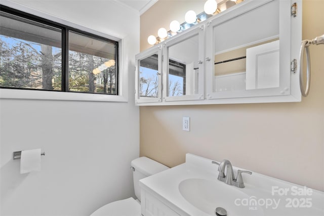 bathroom featuring vanity, toilet, and crown molding