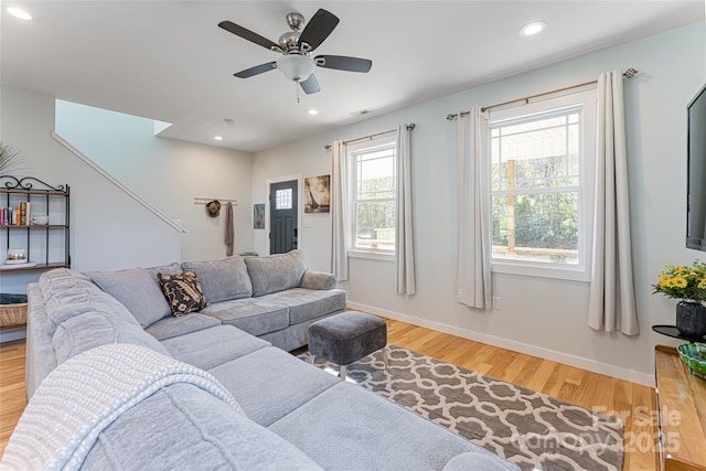 7 Pineview Rd, Fairview, NC 28730 - living area with light wood-style flooring, recessed lighting, baseboards, and ceiling fan