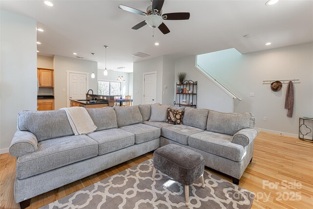 7 Pineview Rd, Fairview, NC 28730 - living room featuring ceiling fan, light wood finished floors, recessed lighting, and baseboards